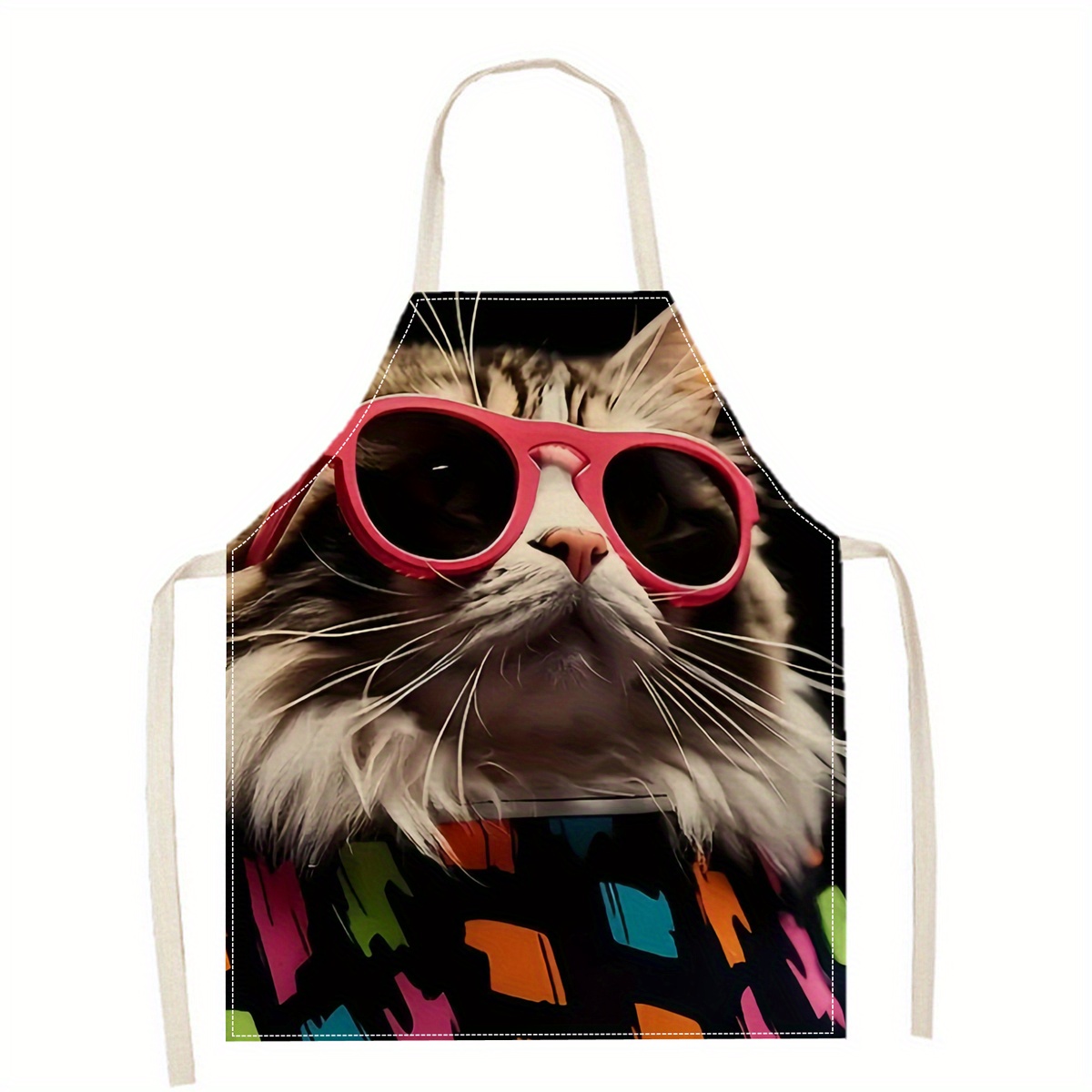 Home Cooking For Cats - 린넨 앞치마 재미있는 고양이 선글라스 프린트