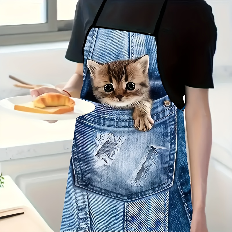 1pc 귀여운 데님 블루 포켓 고양이 주방 앞치마, 요 - Home Cooking For Cats 리뷰 및 가격
