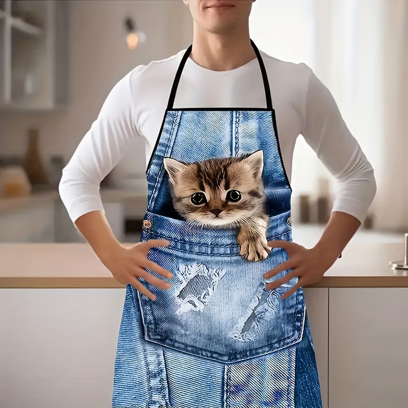 1pc 귀여운 데님 블루 포켓 고양이 주방 앞치마, 요 - Home Cooking For Cats 리뷰 및 가격