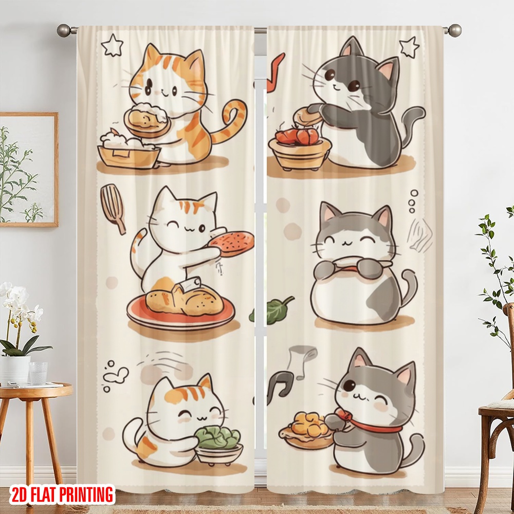 2개, 2D 평면 인쇄 커튼 인기 있는 고양이 요리사  - Home Cooking Youtube 리뷰 및 가격